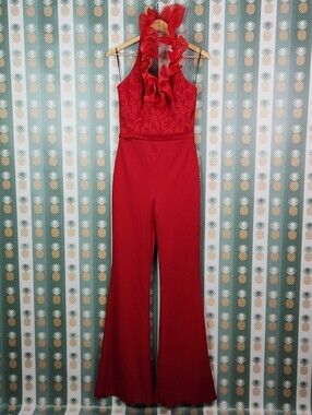 Fernando Wong Red Ruffle Halter Lace Jumpsuit